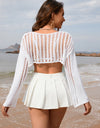 Openwork Boat Neck Long Sleeve Cover-Up