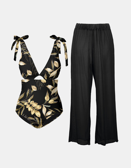 FAM-FAM Cutout Tied Bodysuit and Pants Swim Set