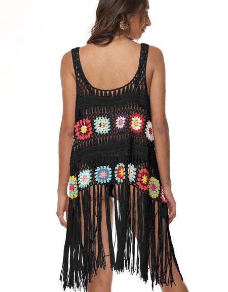 Openwork Fringe Detail Embroidery Sleeveless Cover-Up