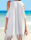 Fringe V-Neck Cold Shoulder Cover Up