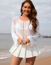 Openwork Boat Neck Long Sleeve Cover-Up