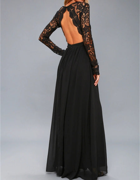 Lace Detail Backless Long Sleeve Maxi Dress