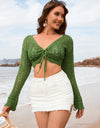 Drawstring Openwork Long Sleeve Cover-Up