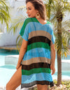 Angel Wings Openwork Striped V-Neck Short Sleeve Cover Up