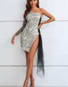 Zebra Print Rhinestone Slit Single Shoulder Dress