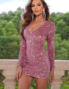 Sequin V-Neck Long Sleeve Mini Dress