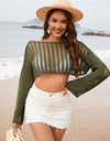 Openwork Boat Neck Long Sleeve Cover-Up