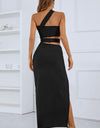 One-Shoulder Cutout Front Split Maxi Dress