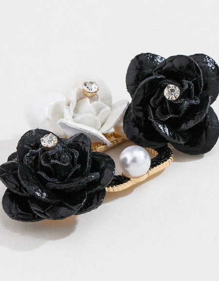 Rhinestone PU Leather Flower Earrings