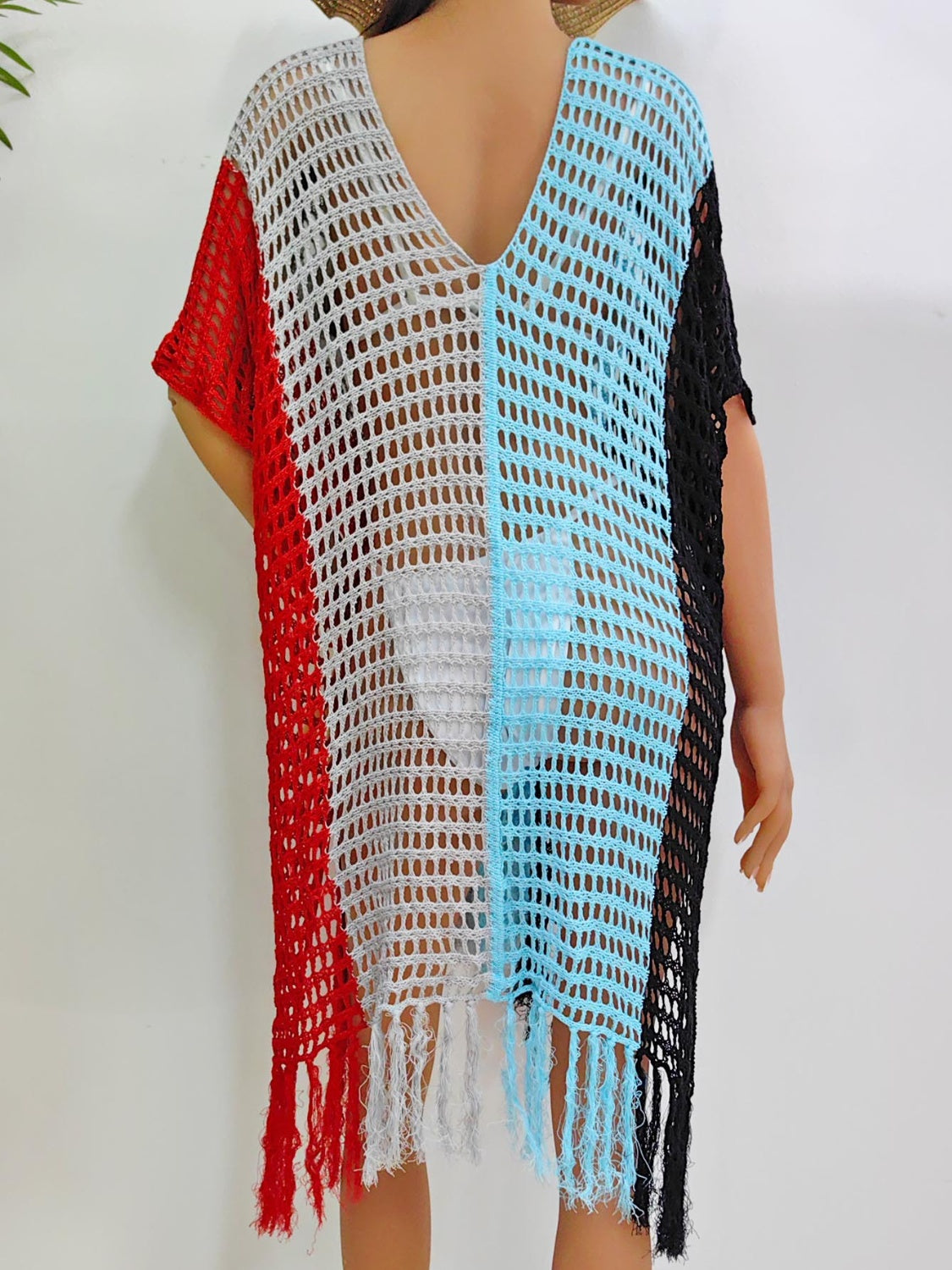 Fringe Color Block Scoop Neck Cover Up