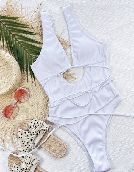 Ribbed Lace Up One-Piece Swimsuit