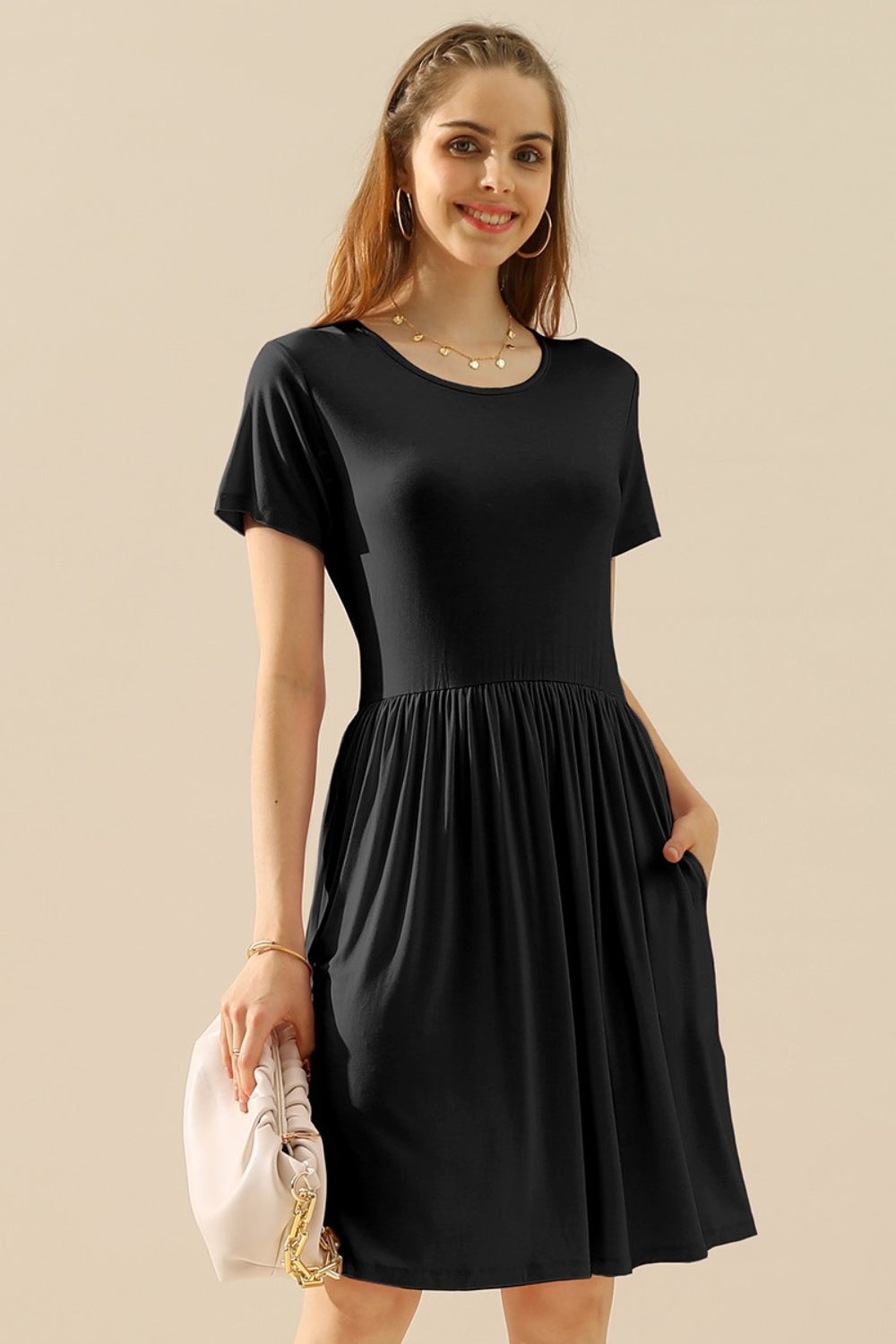 Ninexis Full Size Round Neck Ruched Dress with Pockets