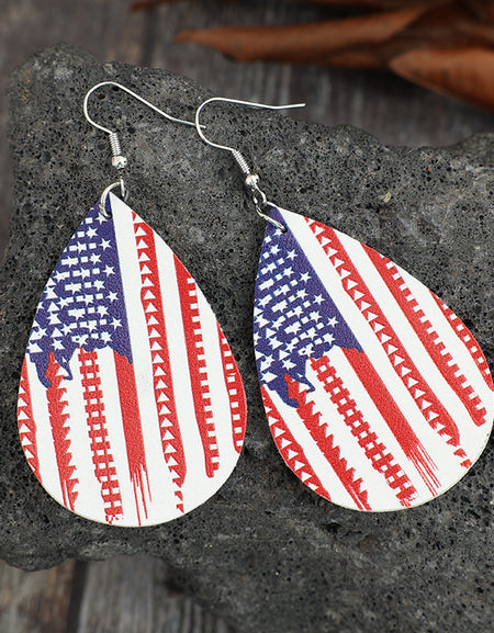 PU Leather US Flag Teardrop Shape Earrings