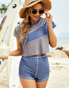 Tank, Color Block Round Neck Tee and Shorts Three-Piece Swim Set