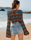 Striped Boat Neck Long Sleeve Cover Up