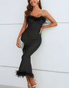 Feather Trim Strapless Sweetheart Neck Dress