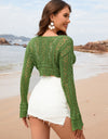 Drawstring Openwork Long Sleeve Cover-Up