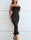 Feather Trim Strapless Sweetheart Neck Dress