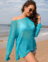 Openwork Slit Boat Neck Long Sleeve Cover-Up