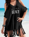 Fringe V-Neck Cold Shoulder Cover Up