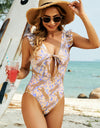 Cutout Animal Print Ruffled Wide Strap One-Piece Swimwear