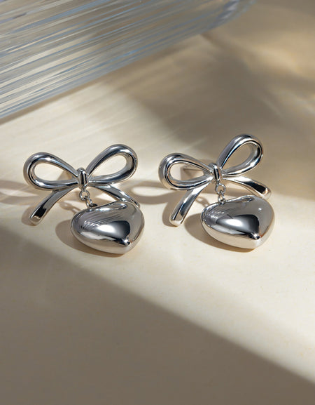 Stainless Steel Bow & Heart Drop Earrings