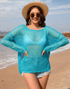 Openwork Slit Boat Neck Long Sleeve Cover-Up