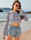 Striped Boat Neck Long Sleeve Cover Up