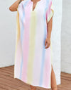 Slit Striped Notched Short Sleeve Cover Up