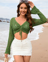 Drawstring Openwork Long Sleeve Cover-Up