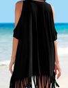 Fringe V-Neck Cold Shoulder Cover Up