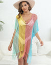 Fringe Color Block Scoop Neck Cover Up