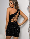 Sequin Lace-Up One-Shoulder Bodycon Dress