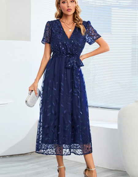 Sequin Leaf Embroidery Tie Front Short Sleeve Dress