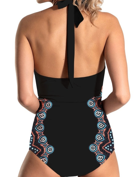 FAM-FAM Cutout Printed Halter Neck One-Piece Swimwear