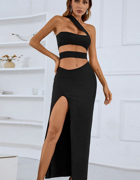 One-Shoulder Cutout Front Split Maxi Dress