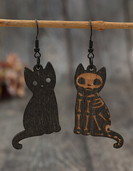 Alloy Hook Wooden Cat Earrings