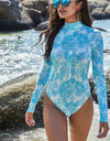 Printed Mock Neck Long Sleeve One-Piece Swimwear