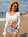 Drawstring Openwork Long Sleeve Cover-Up