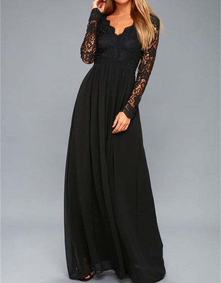 Lace Detail Backless Long Sleeve Maxi Dress