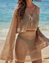 Full Size Openwork Flare Sleeve Top and Skirt Cover Up Set