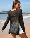 Openwork Slit Boat Neck Long Sleeve Cover-Up