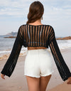 Openwork Boat Neck Long Sleeve Cover-Up