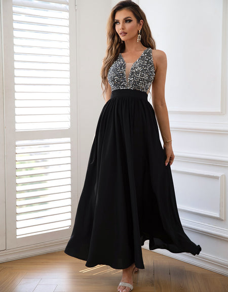 Contrast Sequin Sleeveless Maxi Dress