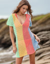 Openwork Color Block V-Neck Short Sleeve Cover-Up