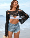 Distressed Boat Neck Long Sleeve Cover Up