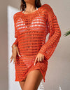 Openwork Boat Neck Long Sleeve Cover-Up