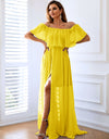 Off-Shoulder Layered Split Maxi Dress