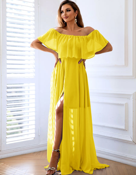 Off-Shoulder Layered Split Maxi Dress