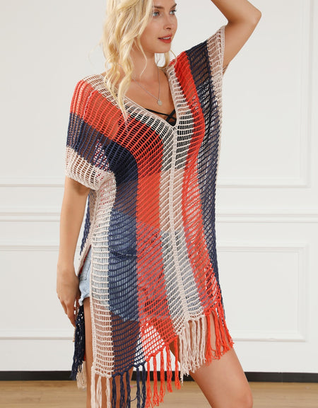 Tassel Color Block V-Neck Cover Up